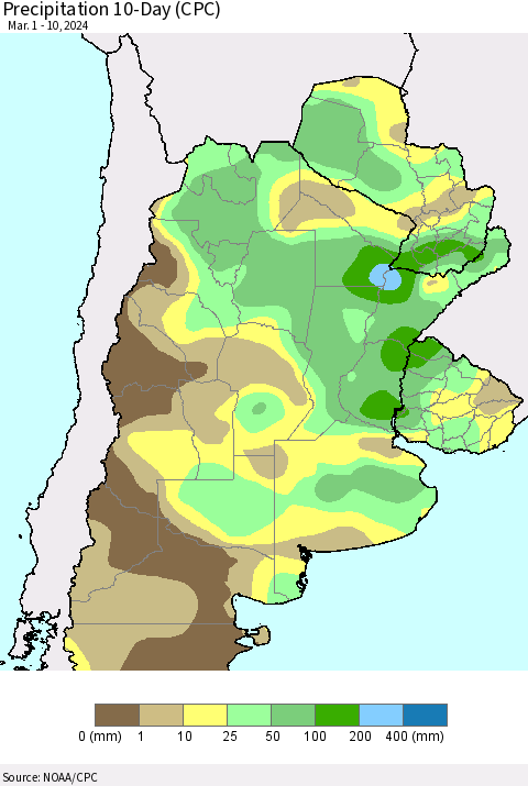 Southern South America Precipitation 10-Day (CPC) Thematic Map For 3/1/2024 - 3/10/2024