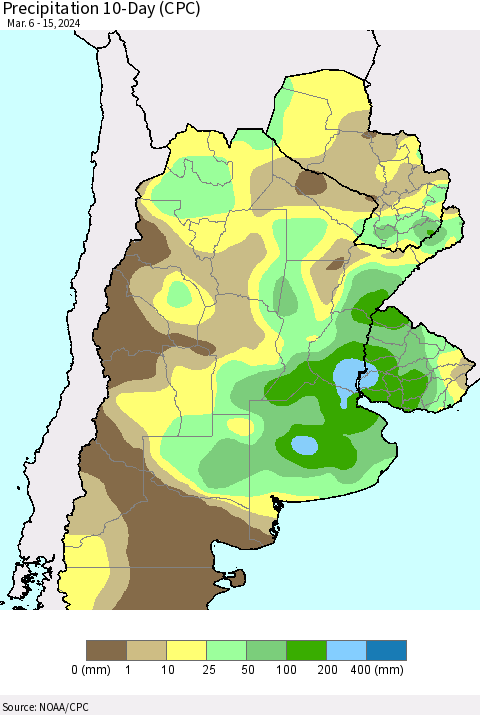 Southern South America Precipitation 10-Day (CPC) Thematic Map For 3/6/2024 - 3/15/2024