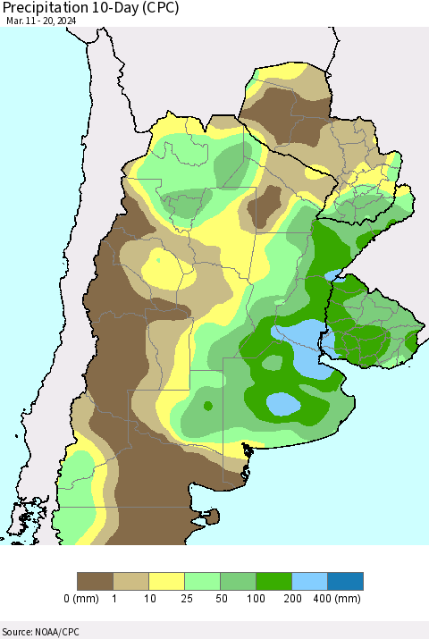 Southern South America Precipitation 10-Day (CPC) Thematic Map For 3/11/2024 - 3/20/2024