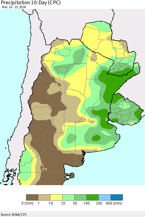 Southern South America Precipitation 10-Day (CPC) Thematic Map For 3/16/2024 - 3/25/2024