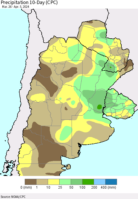 Southern South America Precipitation 10-Day (CPC) Thematic Map For 3/26/2024 - 4/5/2024
