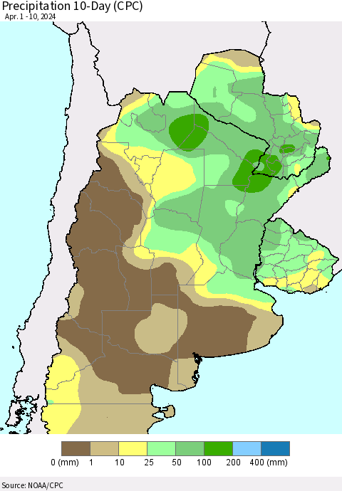 Southern South America Precipitation 10-Day (CPC) Thematic Map For 4/1/2024 - 4/10/2024