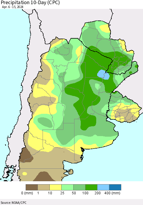 Southern South America Precipitation 10-Day (CPC) Thematic Map For 4/6/2024 - 4/15/2024