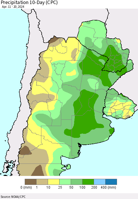 Southern South America Precipitation 10-Day (CPC) Thematic Map For 4/11/2024 - 4/20/2024