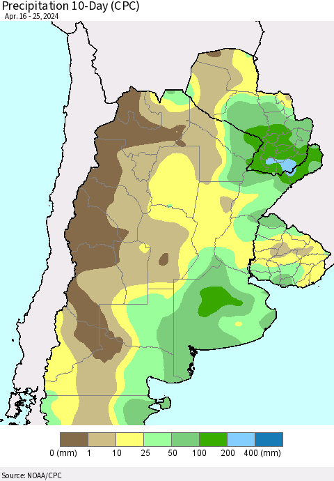 Southern South America Precipitation 10-Day (CPC) Thematic Map For 4/16/2024 - 4/25/2024