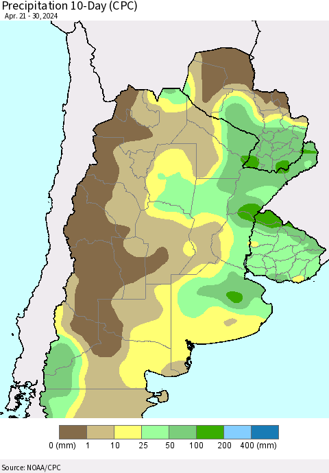 Southern South America Precipitation 10-Day (CPC) Thematic Map For 4/21/2024 - 4/30/2024
