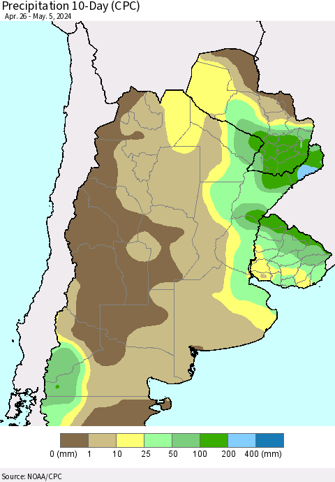 Southern South America Precipitation 10-Day (CPC) Thematic Map For 4/26/2024 - 5/5/2024