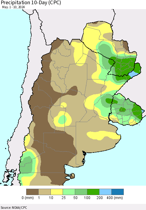 Southern South America Precipitation 10-Day (CPC) Thematic Map For 5/1/2024 - 5/10/2024
