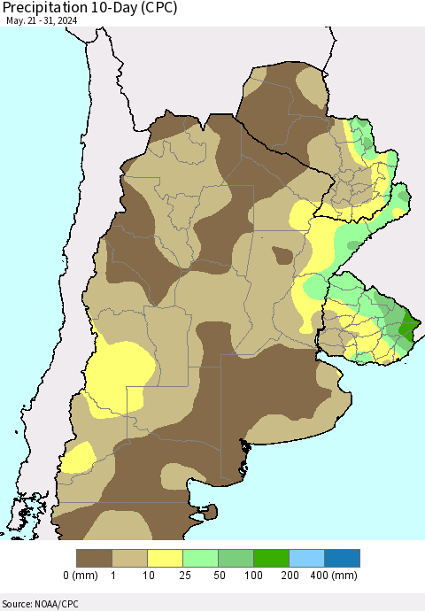 Southern South America Precipitation 10-Day (CPC) Thematic Map For 5/21/2024 - 5/31/2024