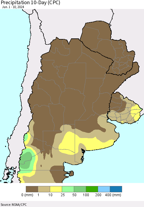 Southern South America Precipitation 10-Day (CPC) Thematic Map For 6/1/2024 - 6/10/2024