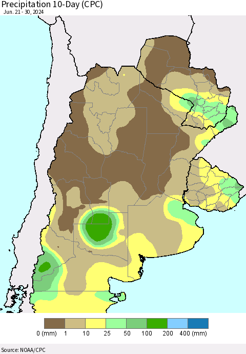 Southern South America Precipitation 10-Day (CPC) Thematic Map For 6/21/2024 - 6/30/2024