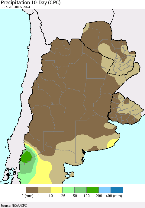 Southern South America Precipitation 10-Day (CPC) Thematic Map For 6/26/2024 - 7/5/2024