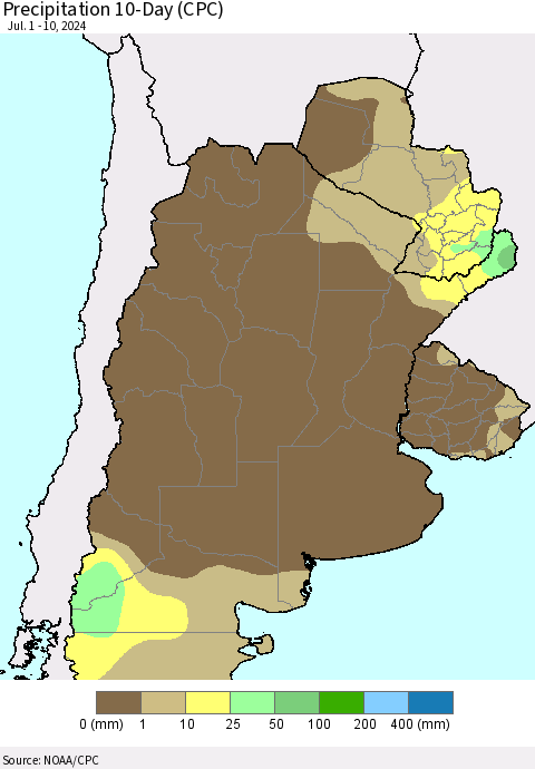 Southern South America Precipitation 10-Day (CPC) Thematic Map For 7/1/2024 - 7/10/2024