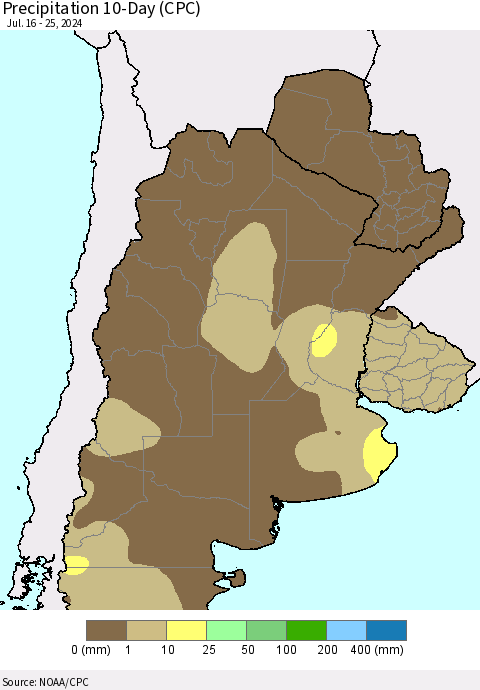 Southern South America Precipitation 10-Day (CPC) Thematic Map For 7/16/2024 - 7/25/2024