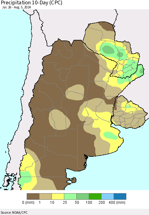 Southern South America Precipitation 10-Day (CPC) Thematic Map For 7/26/2024 - 8/5/2024