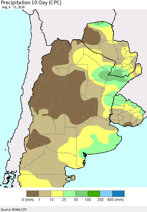 Southern South America Precipitation 10-Day (CPC) Thematic Map For 8/6/2024 - 8/15/2024