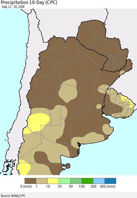 Southern South America Precipitation 10-Day (CPC) Thematic Map For 8/11/2024 - 8/20/2024