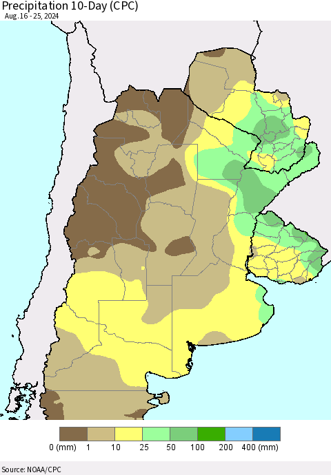 Southern South America Precipitation 10-Day (CPC) Thematic Map For 8/16/2024 - 8/25/2024