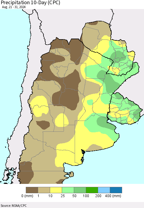 Southern South America Precipitation 10-Day (CPC) Thematic Map For 8/21/2024 - 8/31/2024