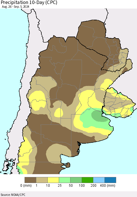 Southern South America Precipitation 10-Day (CPC) Thematic Map For 8/26/2024 - 9/5/2024