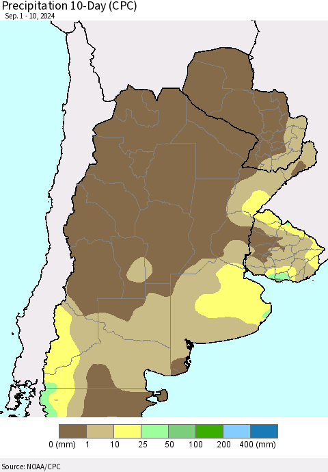 Southern South America Precipitation 10-Day (CPC) Thematic Map For 9/1/2024 - 9/10/2024