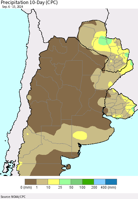 Southern South America Precipitation 10-Day (CPC) Thematic Map For 9/6/2024 - 9/15/2024