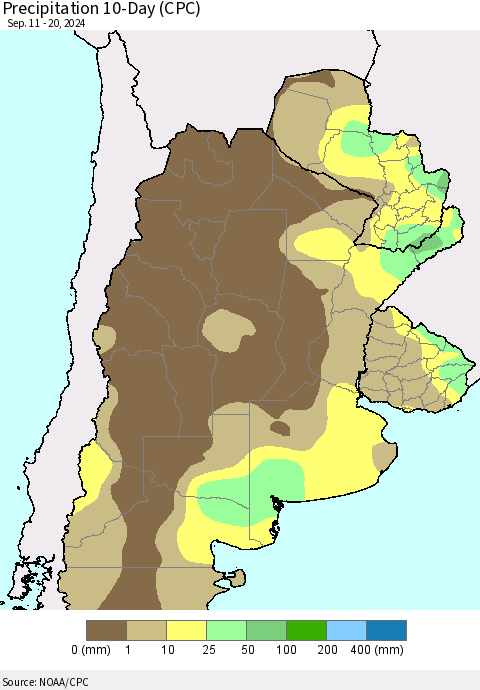 Southern South America Precipitation 10-Day (CPC) Thematic Map For 9/11/2024 - 9/20/2024