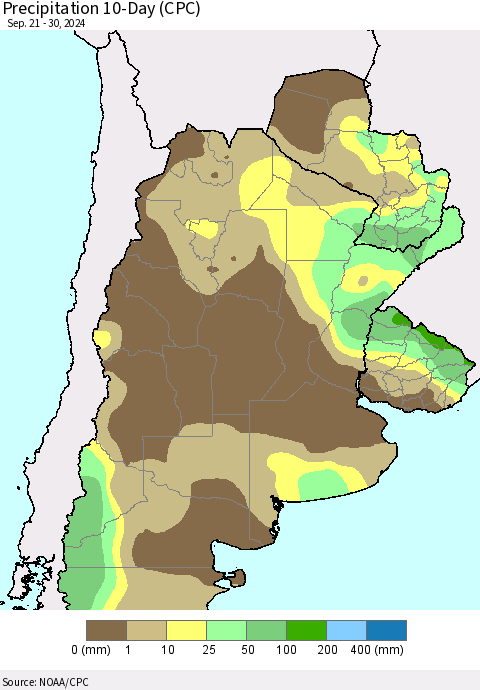 Southern South America Precipitation 10-Day (CPC) Thematic Map For 9/21/2024 - 9/30/2024