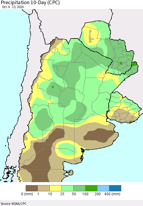 Southern South America Precipitation 10-Day (CPC) Thematic Map For 10/6/2024 - 10/15/2024