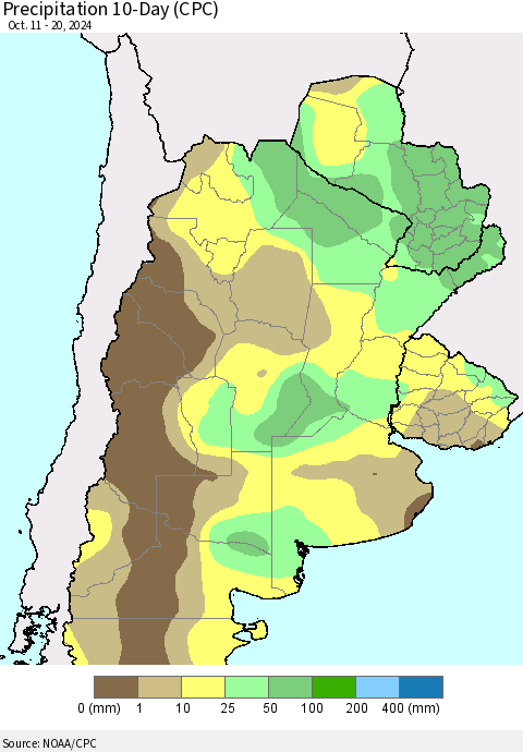 Southern South America Precipitation 10-Day (CPC) Thematic Map For 10/11/2024 - 10/20/2024
