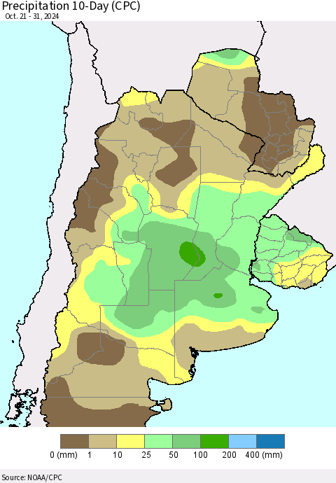Southern South America Precipitation 10-Day (CPC) Thematic Map For 10/21/2024 - 10/31/2024