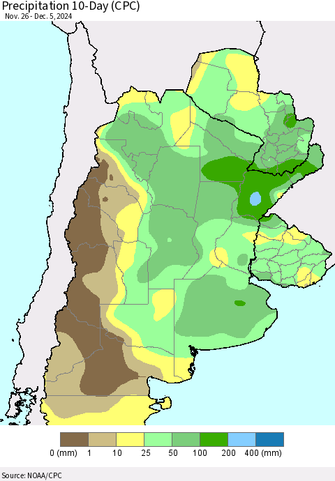 Southern South America Precipitation 10-Day (CPC) Thematic Map For 11/26/2024 - 12/5/2024