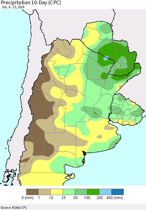 Southern South America Precipitation 10-Day (CPC) Thematic Map For 12/6/2024 - 12/15/2024