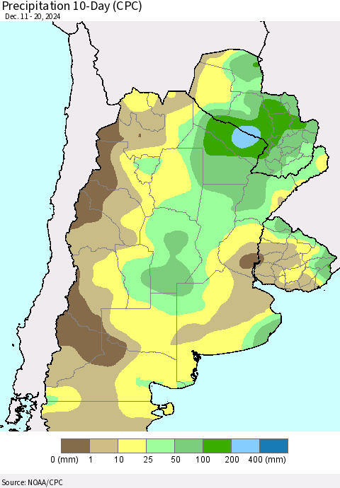 Southern South America Precipitation 10-Day (CPC) Thematic Map For 12/11/2024 - 12/20/2024