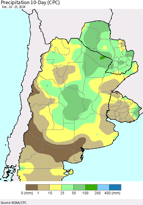 Southern South America Precipitation 10-Day (CPC) Thematic Map For 12/16/2024 - 12/25/2024