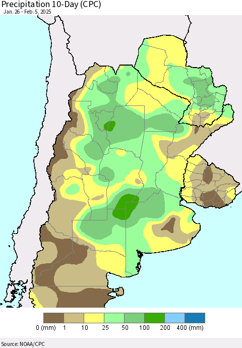 Southern South America Precipitation 10-Day (CPC) Thematic Map For 1/26/2025 - 2/5/2025