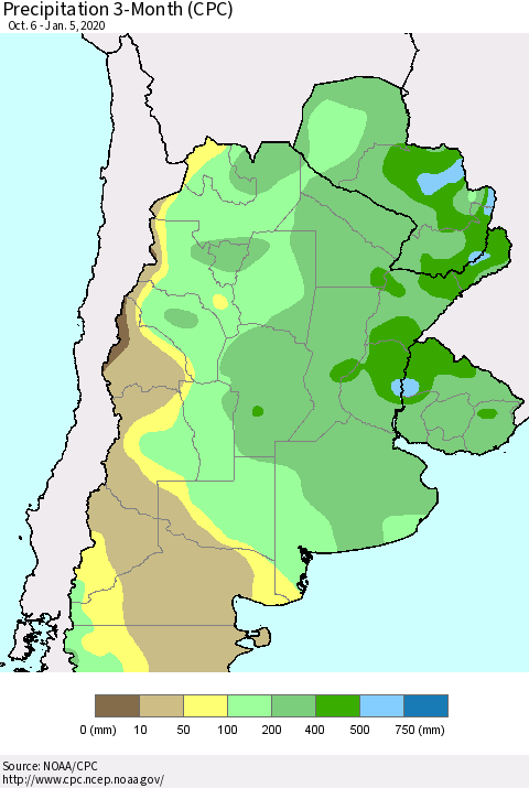 Southern South America Precipitation 3-Month (CPC) Thematic Map For 10/6/2019 - 1/5/2020