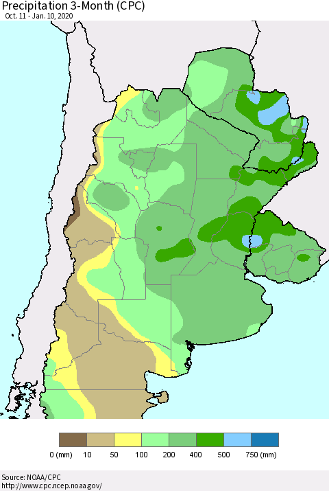 Southern South America Precipitation 3-Month (CPC) Thematic Map For 10/11/2019 - 1/10/2020