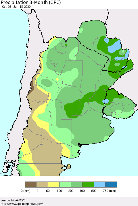 Southern South America Precipitation 3-Month (CPC) Thematic Map For 10/16/2019 - 1/15/2020