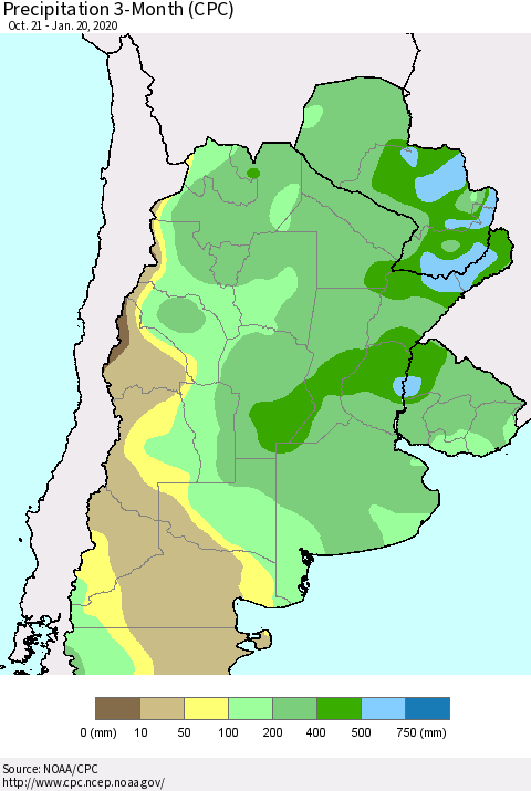 Southern South America Precipitation 3-Month (CPC) Thematic Map For 10/21/2019 - 1/20/2020