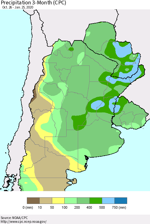 Southern South America Precipitation 3-Month (CPC) Thematic Map For 10/26/2019 - 1/25/2020