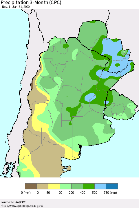 Southern South America Precipitation 3-Month (CPC) Thematic Map For 11/1/2019 - 1/31/2020
