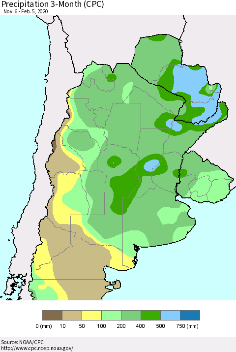 Southern South America Precipitation 3-Month (CPC) Thematic Map For 11/6/2019 - 2/5/2020