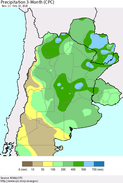 Southern South America Precipitation 3-Month (CPC) Thematic Map For 11/11/2019 - 2/10/2020