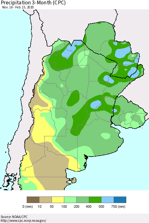 Southern South America Precipitation 3-Month (CPC) Thematic Map For 11/16/2019 - 2/15/2020