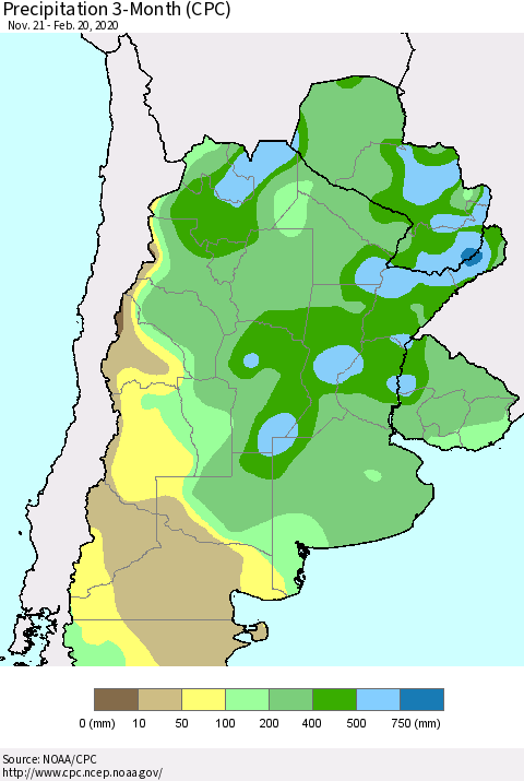 Southern South America Precipitation 3-Month (CPC) Thematic Map For 11/21/2019 - 2/20/2020