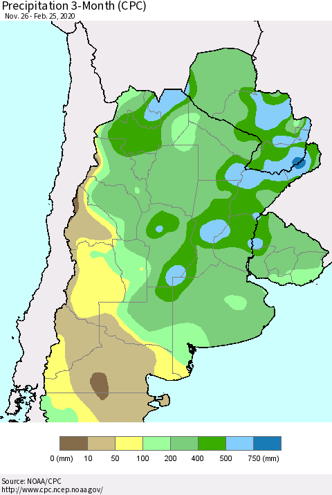 Southern South America Precipitation 3-Month (CPC) Thematic Map For 11/26/2019 - 2/25/2020