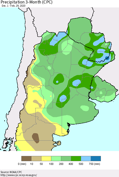 Southern South America Precipitation 3-Month (CPC) Thematic Map For 12/1/2019 - 2/29/2020