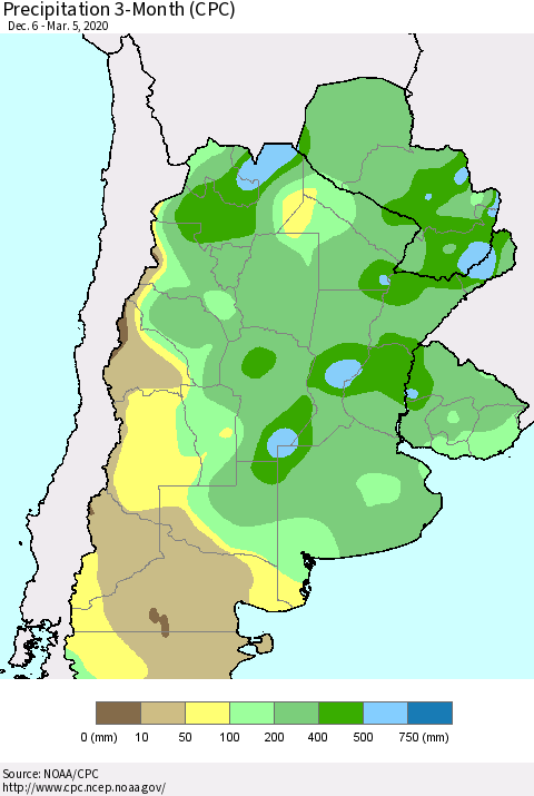 Southern South America Precipitation 3-Month (CPC) Thematic Map For 12/6/2019 - 3/5/2020