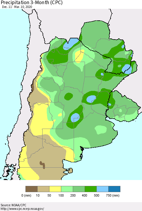 Southern South America Precipitation 3-Month (CPC) Thematic Map For 12/11/2019 - 3/10/2020